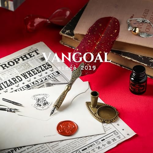 Image of VANGOAL Vintage Carving Feather Pen Set, Glittering Quill Pen Set Antique Calligraphy Writing Dip Pen with Ink, 2 Nibs, Pen Stand Base, Luxury Vintage Signature Pen (Red)