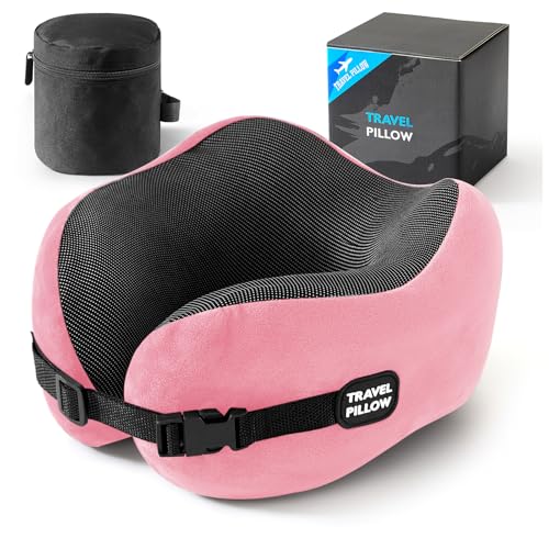 Image of Neck Pillow Travel Pillow - 100% Pure Memory Foam Airplane Pillow with Adjustable Clasp & Removable Cover, Portable Travel Essentials for Long Flights, Car & Office (Pink)