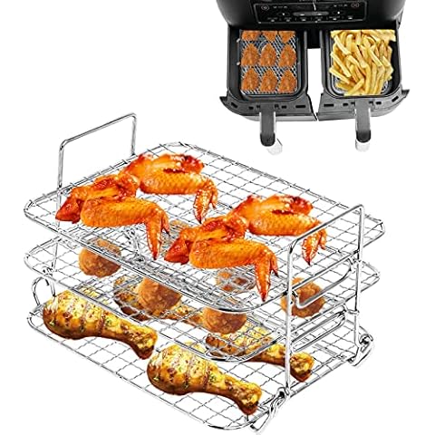 Air Fryer Rack Compatible with Ninja DZ401 DZ2550 Dual XL Air Fryer 2-Basket Electric Fryer, Double Basket Rack, 304 Stainless Steel Toast Rack, Multi-Layer Grill Rack Cover