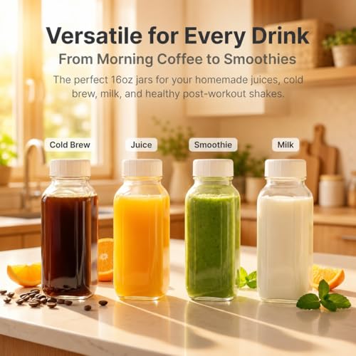 Image of Ruckae 16oz 10 Pack Glass Juice Bottles with Lids - Reusable Square Glass Juice Bottles with Leak-Proof Lid & Capacity Marks for Containers Juice,Milk,Smoothies