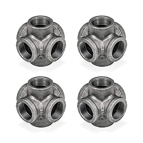 3/4" 6-Way Side Outlet Tee, Home TZH 4-Pack Malleable iron Pipe Fittings for Industrial vintage style, Flanges with Threaded Hole for DIY Project/Furniture/Shelving Decoration (4, 3/4")