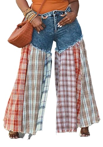 Womens Jeans Casual Denim Plaid Patchwork High Waisted Y2k Jeans Plus Size Long Wide Leg Pants Jeans
