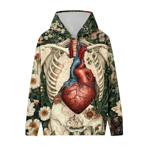 Superbock - Sudadera con capucha para hombre con estampado de esqueleto de Halloween, estilo informal, holgada, para uso diario, cómoda y con bolsillo para hombre, Verde oscuro., L