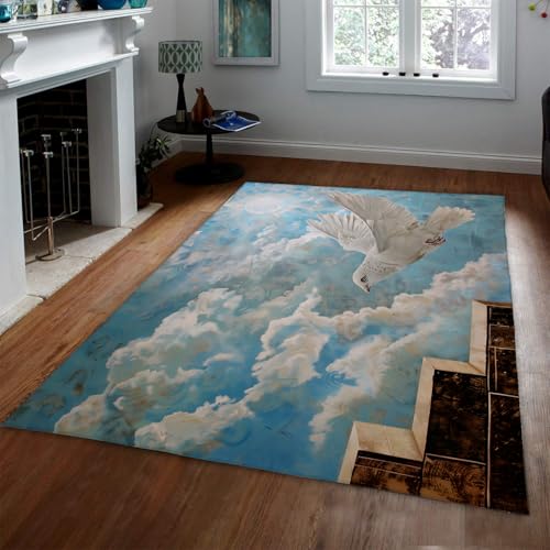 Tapis 80x150cm bleu nuages motif colombe blanche lavable et antidérapant - 2
