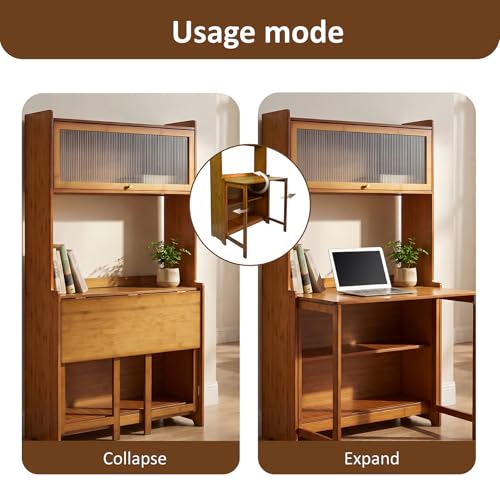 Image of Folding Desk with Storage, Bamboo Foldable Computer Desk for Small Spaces, Small Writing Desk with Shelves for Bedroom Dorm Home Office