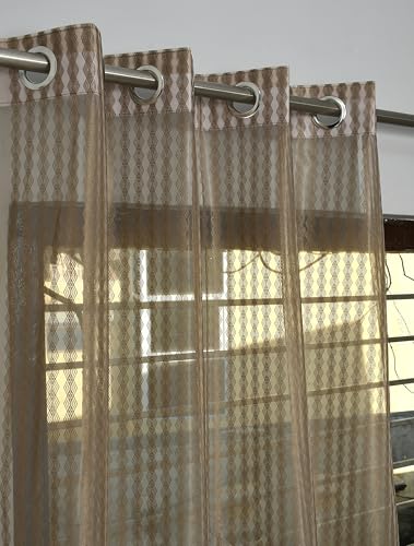 Image of Premium Sheer Net Curtain for Long Door 10 Feet | Transparent Net Fabric with Geometric Design | Pack of 1, Chikoo