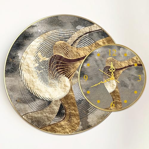 Image of PAINTINGMANTRA Golden Wave Abstract Round Wall Painting with Clock for Living Room Decoration, Clock with Painting Circular Gold Metal Finish Stylish Large Wall Art (28x22 Inch)