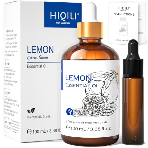 Image of HIQILI Lemon Essential Oil, Household Cleaning, Air Purification, Skin Care, Can be Added to Cleansers, Sprays, Body Lotions Use - 3.38 Fl Oz /100ML | Creates Long-Lasting Fresh Atmosphere for Work, Study and More, Eliminates Odors -100ml / 3.38 fl oz
