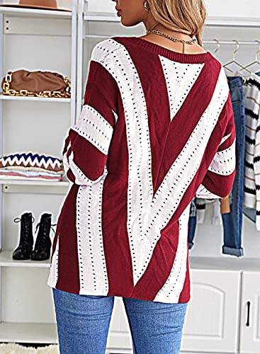 Image of FEKOAFE Womens 2026 Deep V Neck Sweaters Striped Long Sleeve Knit Pullover Sweaters for Women