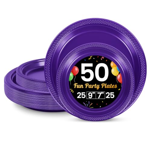 LANLISA 50 Pcs Purple Plastic Plates For Party 25-9 & 25-7 Disposable Cake Dessert Plates For Birthday Graduation Mothers Day Halloween Dinner
