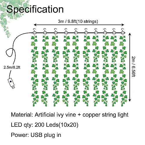 GUOCHENG Ivy Vine Curtain Light LED Leaf Curtain Fairy Lights Green Ivy Garland Copper Light Strings for Windows Wedding Bouquets Party Home Décor - Image 6