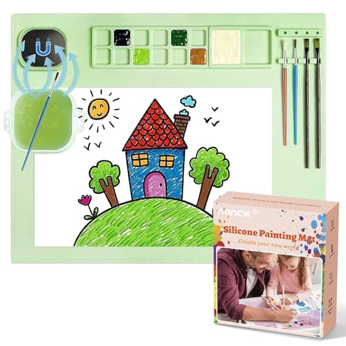 Silicone Painting Mat, Silicone Art Mat with Cup, Silicone Craft Mat with Paint Brush Cleaner Tool, Silicone Artist Mat for Kids Gift Painting Clay DIY Creations, Gift Packaged