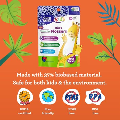 Image of GuruNanda Dental Floss Picks, Berry Flavor, 90 Count, for Kids | Pack of 2 | Giraffe-Shaped | Anti-Slip Design | Ages 3+