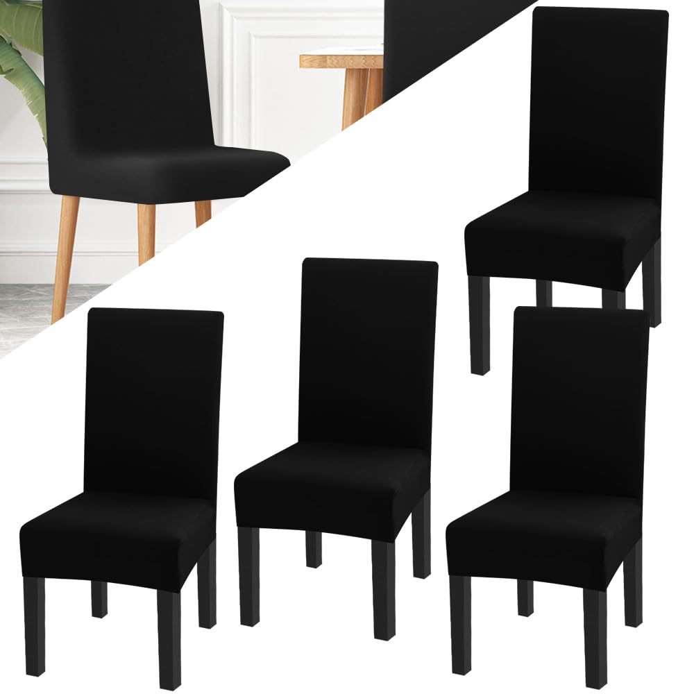 SLTAXAR 4 Pcs Funda Silla Comedor Respaldo Alto Negro Cubre Sillas para Comedor Fundas Ajustables para Sillas Comedor Forros Protector para Sillas de Comedor Forros Elasticos XL Silla para Fiesta Casa