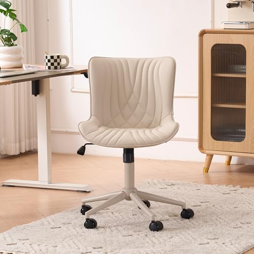 Image of YOUTASTE All Cream Office Chair, Modern Armless Desk Chair with Back, Adjustable Swivel Rolling Faux Leather Task Chair with Wheels Metal Base for Home Office, Study, or Vanity