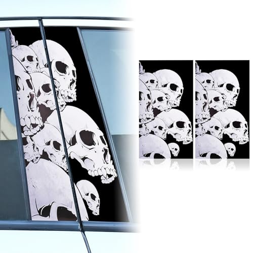 Image of Blueshyhall 2PCS Car B-Pillar Vinyl Decals, Horror Skull Black White Personalized Vehicle Door Pillar Sticker, Waterproof Sun Protection Scratch Cover