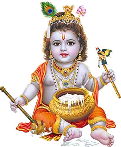 Akki Wold Bal Gopal Makan Chor God Wall Sticker for Pooja Mandir, Kids Room, Living Room,Office White Glossy Vinyl (Multicolor, Size - 50Cm X 60Cm)