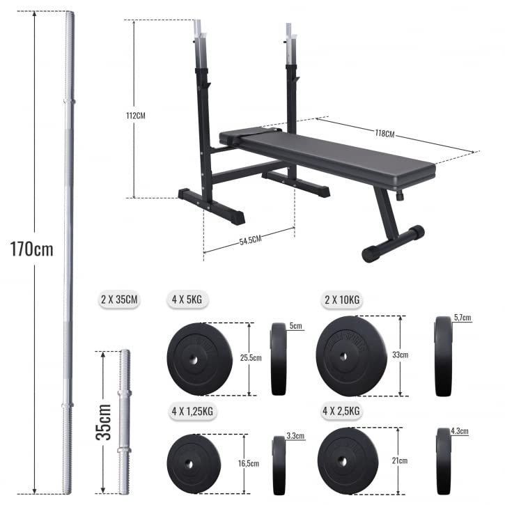 Gorilla Sports® halterbank met lange halterset 38 kg / 70 kg kunststof 30/31 mm – trainingsbank met legplank, lange halters, korte halters, gewichten en stersluitingen - Image 8