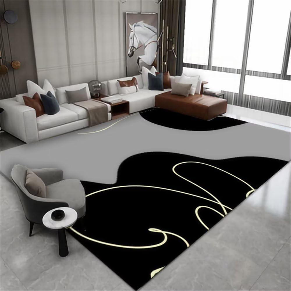 Tapis de chambre adulte abstrait et lavable pour un salon moderne noir