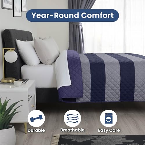 Image of Martex Reversible Coverlet, Full Queen, Rugby Stripe /Navy | Lightweight, Durable, Soft, Easy Care, Reversible