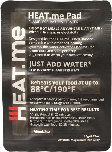 heat.me Heizpads Lunchbox Kits ab 99 Cent | Ohne Strom, Gas & Feuer | Magnesium-Technologie 27g leicht | Feuerverbot + Extremwetter | 10/50/100er Pack (10er Pack (1,19€ pro Pad))