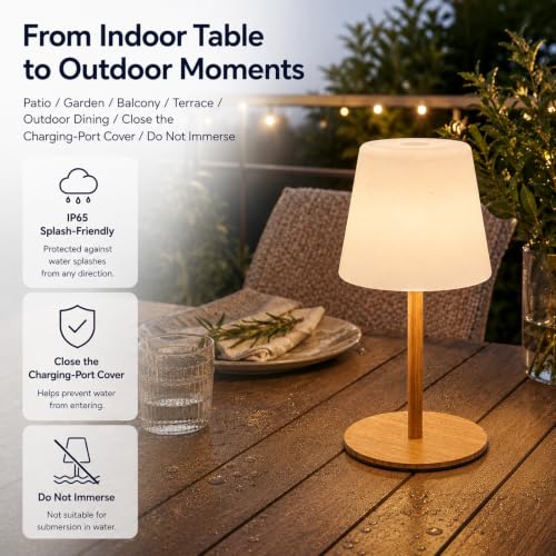 Image of IP65 Waterproof Shower Lamp, Cordless Rechargeable Table Lamp, Wood Grain