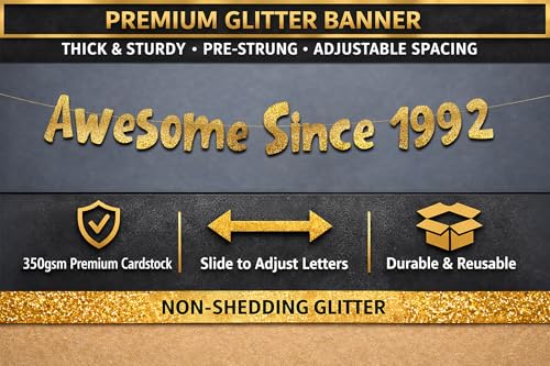 Image of Pre-Strung Awesome Since 1992 Gold Glitter Banner - Funny 34th Birthday and Anniversary Decorations for Men and Women - Party Supplies and Gifts
