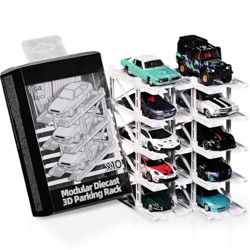 Image of 1:64 Diorama Expandable Modular Car Display Case for Hot Wheels Diecast Car | 10 Parking Space Garage, Diecast Hot Wheels Model Cars Storage Display Rack Accessory (10 Spaces-Matte White)