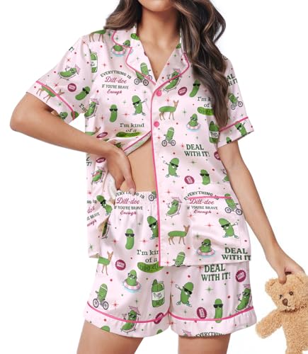 Image of HUNTFAMI Womens Soft Silky Satin Pajamas Set, 2 Pcs Sleep Short Pajamas for Mom and Grandma Button Down Summer Loungewear