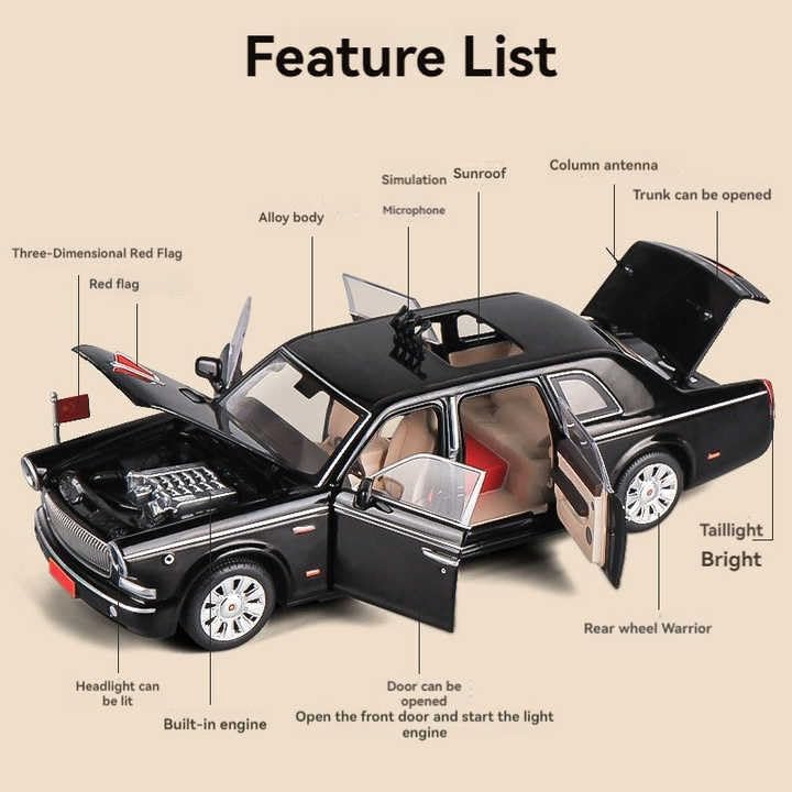 Image of Invite 1 /24 Hongqi Parade L5 Alloy Limousine Luxy Car Model Diecasts Metal Parade Vehicles Car Model Simulation Sound and Light Kids Toys Gift[Black]