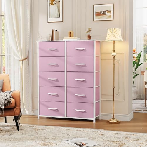 DWVO 10 Drawer Dresser - Fabric Storage Tower, Tall Chest Organizer Unit for Room, Living Room, Hallway, Closets - Sturdy Steel Frame, Wooden Top & Easy Pull Fabric Bins, Pink