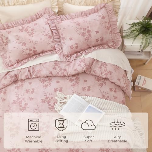 Image of Litanika Grey Pink Queen Comforter Set, 3 Pieces Ruffle Floral Farmhouse Bedding Comforter Set, All Season Soft Lightweight Fluffy Microfiber Bed Set(90x90In Comforter, 2 Pillowcases)