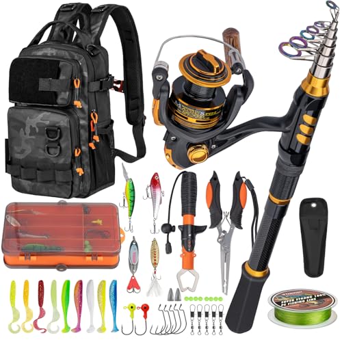 THKFISH Conjunto De Vara E Carretel De Pesca Com Mochila, Kit Completo Com Vara De Pesca Telescópica, Carretel Giratório, Iscas, Alicate E Pinça Para Segurar Peixes (Kit Completo Com Mochila
