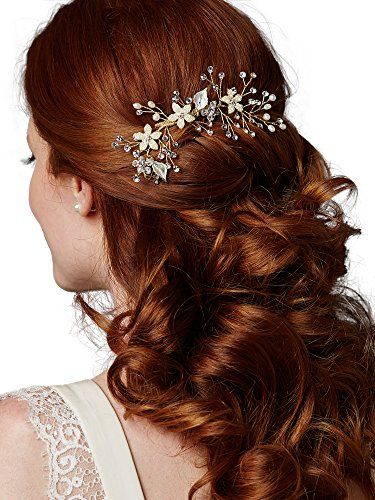 Mariell Handmade Gold Bridal Hair Comb with Silvery Golden Leaves, Freshwater Pearls & Crystals Sprays