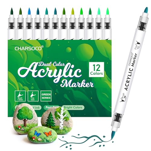 Image of Green Tones Acrylic Paint Pens, 12 Colors Markers Set with Soft Brush & Bullet Tip, for Rock, Painting, Wood, Glass, Ceramic, Canvas, Stone, DIY Crafts, Making Art Supplies, Fabric Paint