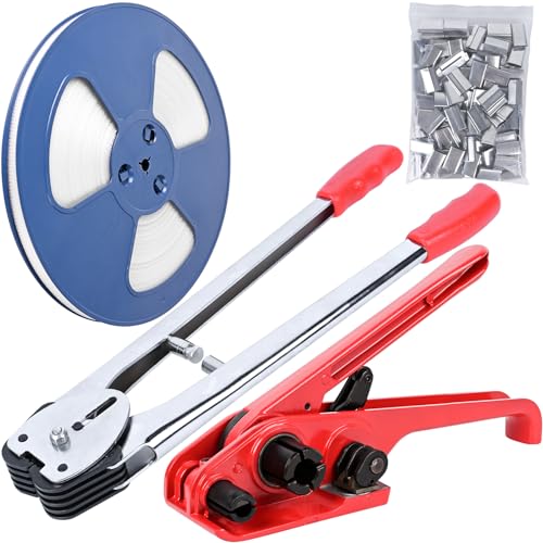 Image of MYFAMIREA Heavy Duty Banding Strapping Kit with Tensioner Tool, 0.55'' x 3937'' Polypropylene Packaging Strapping Roll, 100 Metal Seals, Sealer Tool for Pallets, Logistics, Warehouse (Red)