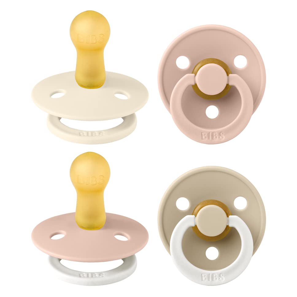 BIBS Colour Soother 4-Pack | BPA Free Dummy Pacifier | Round Nipple | Natural Rubber Latex | Made in Denmark | Size 6-18 Months | Blush Glow Mix