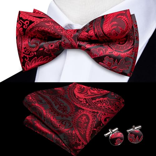 Image of Hi-Tie Bow Ties for Men Pre-Tied Pocket Square with Cufflinks Mens Bowtie Sets for Wedding Formal Party