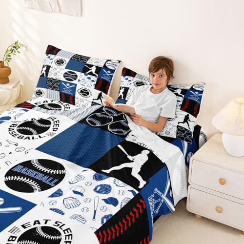 Image of Castle Fairy Patchwork Baseball Fitted Sheet Set King Size 4 Pcs,Sports Geometric Grid Blue Teens Sheets,Baseball Bedding Sets (1 Fitted,1 Flat,2 Pillowcases)