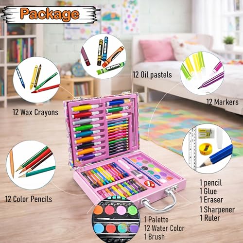 Image of WISHKEY 67 Pieces Art Set for Kids with Unicorn Theme Case, Art and Craft Supplies Kit for Drawing and Painting with Sketch Pen, Paint Colors, Brush, Color Pencils, Crayons (Pack of 1, Pink)