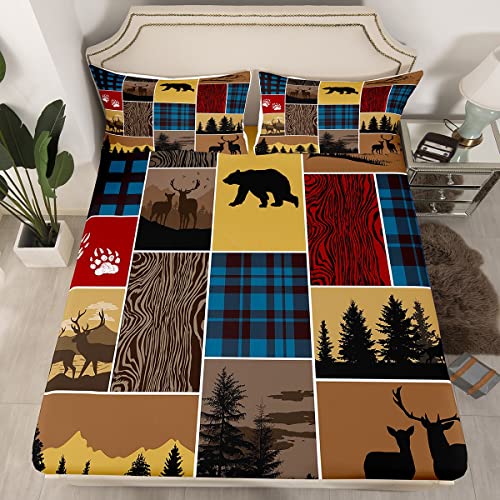 Plaid Bear Cabin Bed Sheet Twin Size, Rustic Farmhouse Camper Fitted Sheet for Kids Boys Teens, Hunting Deer Woodland Lodge Bedding Set Wildlife Cowboy Fitted Bed Sheets 2 Pieces, Brown Yell