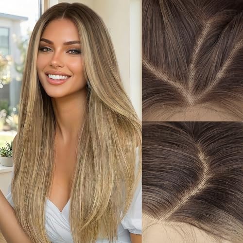 AISI HAIR Synthetic Lace Front Wig 13x4 HD Lace, Ombre Blonde Long Straight Glueless Wig, Pre-Plucked Hairline, 28 Inch Ready to Wear Beginner Friendly Wig