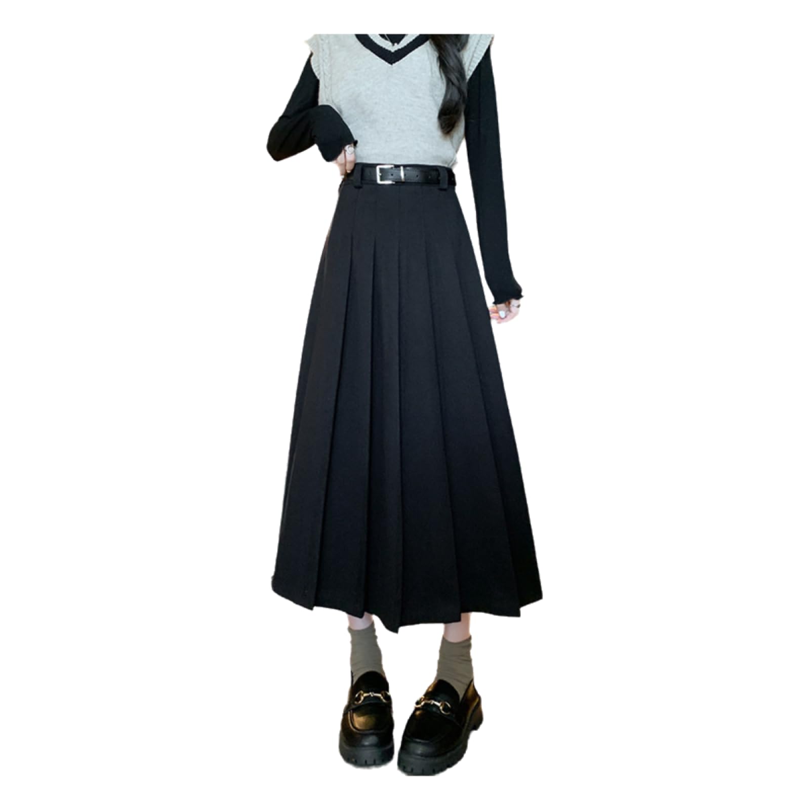 Generisch Faltenrock Damen High Waist Maxirock Wollrock Langer A-Linie Rock Elegant Herbst Winterrock Warm Röcke Midi Trachtenrock