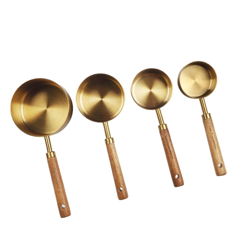 Sharplace 4 Piezas Tazas de Medir Acero Inoxidable Juego Cucharas Medidoras con Mango Madera Escala Precisa Utensilios para Cocina Apto para Hornear Cocinar Bar, tal como se describe, Taza medidora