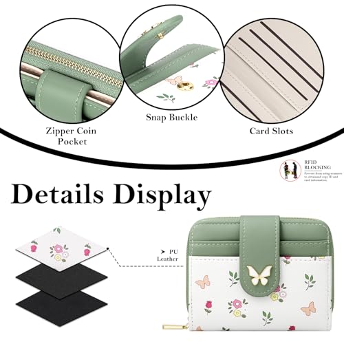 Image of BIAOTIE Wallet for Women Cute Floral Flower Wallet RFID Credit Card Holder Purse Small Bifold Zipper Coin Pocket Purse with ID Windows (Butterfly Green)