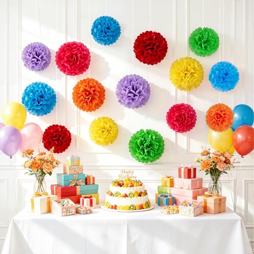 Image of EASY JOY 15 Pcs Multicolor Tissue Paper Flowers Rainbow Hanging Paper Pom Pom Decorations Tissue Pom Poms for Birthday Fiesta Mexican Party Classroom Home Wall Ceiling Wedding Baby Shower DIY Arts