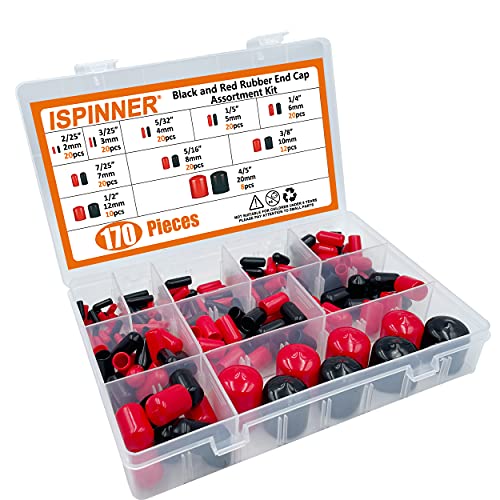 Image of ISPINNER 170pcs Rubber End Caps Assortment Kit, Flexible Bolt Screw Thread Protector Safety Cover in 10 Sizes from 2 /25 inch to 4 /5 inch, Black and Red