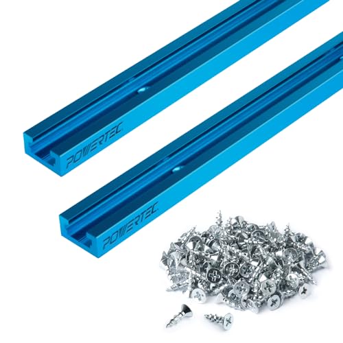 POWERTEC 2 rieles universales en T de 48 pulgadas con 100 tornillos de madera #6 x 1/2 pulgadas, pista en T de perfil de doble corte con agujeros de montaje preperforados para plantillas y accesorios