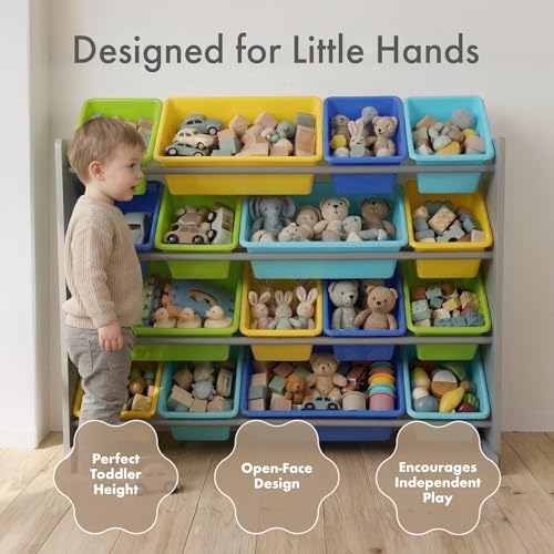 Image of Humble Crew Toy Storage Organizer with 16 Removable Storage Bins for Kids Playroom, 4-Tier Toddler Toy Organization and Storage, Grey /Blue /Green /Yellow