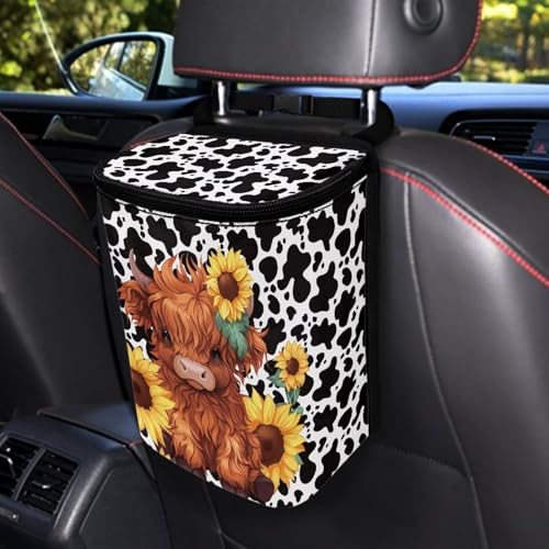 Image of KEIAHUAN Highland Cow Sunflower Foldable Car Trash Bag Hook Hanging Car Garbage Can Holder Leakproof Storage Organizer for Camping Car Interior Accessories
